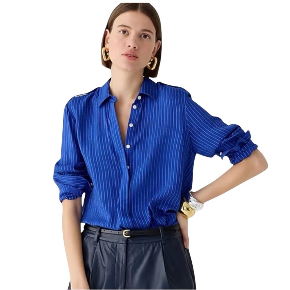 J.Crew Button Down Women XS Blue Pinstripe Epaulet‎ Long Sleeve Blouse
